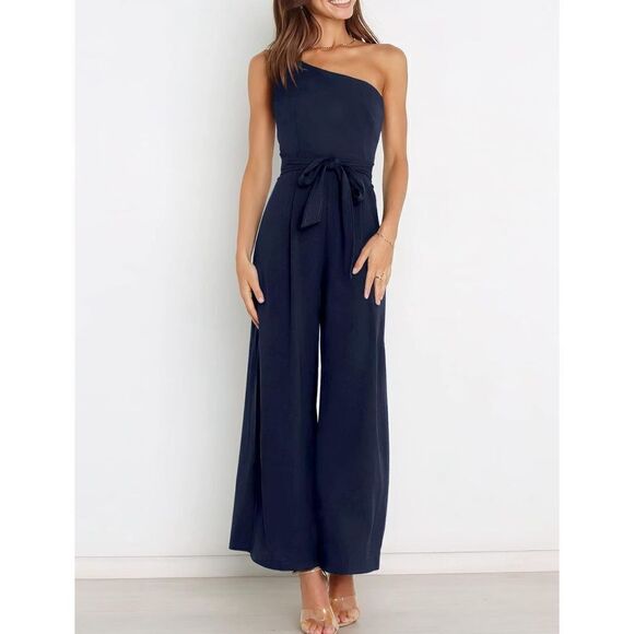 NEW 1 Shoulder Tie Waist Wide Leg Jumpsuit Romper Pockets XL - Picture 3 of 7